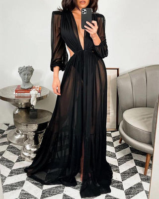 Robe cache-cœur froncée à taille découpée en maille transparente