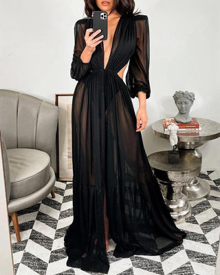 Robe cache-cœur froncée à taille découpée en maille transparente