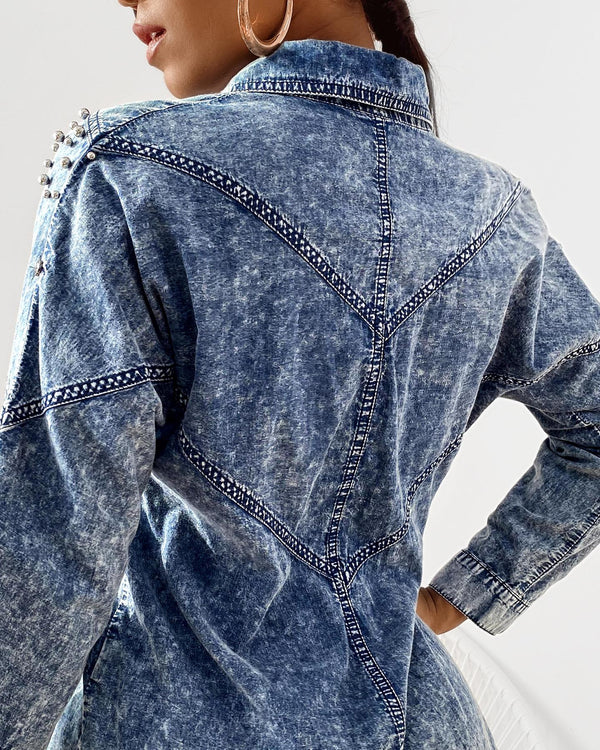 Chemise en denim à boutons et perles