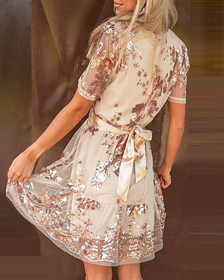 Robe à manches courtes en maille transparente à paillettes