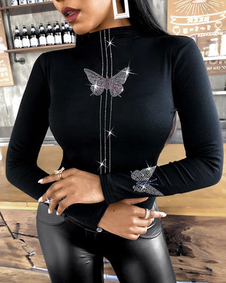 Blouse à manches longues cloutée à motif papillon