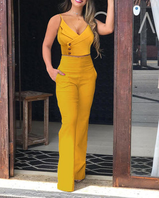 Ensemble de pantalons taille haute à boutons décorés et design de poche