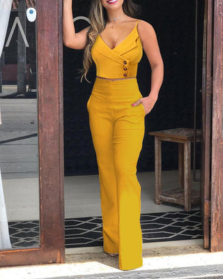 Ensemble de pantalons taille haute à boutons décorés et design de poche