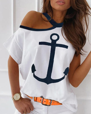 T-shirt décontracté à imprimé ancre de bateau à épaules dénudées