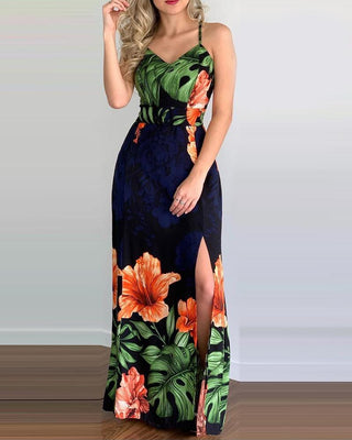 Robe maxi dos nu entrecroisée à imprimé tropical