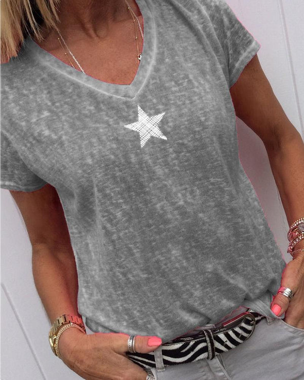 T-shirt décontracté à col en V et imprimé étoiles