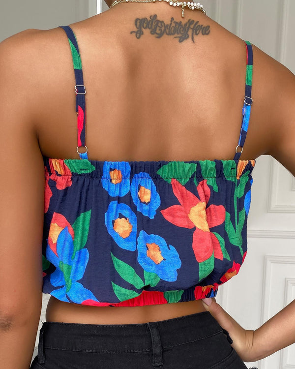 Crop top boutonné à imprimé floral