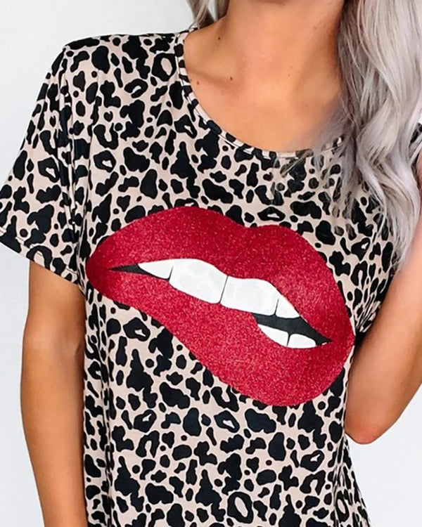 T-shirt col rond imprimé léopard