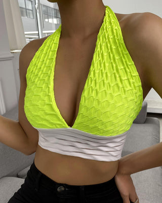 Top court moulant sans manches à licou gaufré à blocs de couleurs