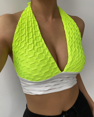 Top court moulant sans manches à licou gaufré à blocs de couleurs