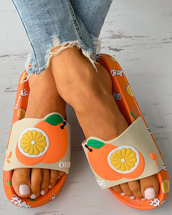 Sandales plates à bout ouvert motif fraise / avocat / orange