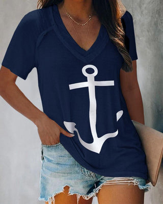 T-shirt à manches courtes à encolure en V et imprimé Boat Anchor