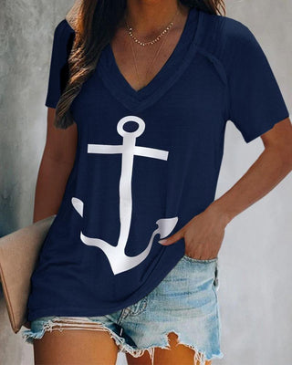 T-shirt à manches courtes à encolure en V et imprimé Boat Anchor