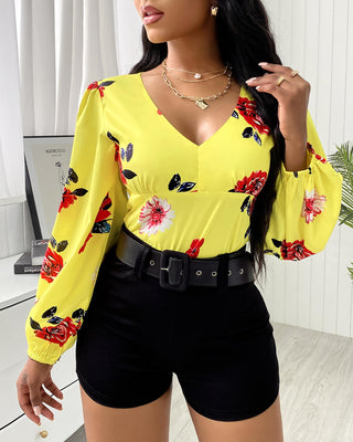 Ensemble haut à imprimé floral et short uni à manches lanterne