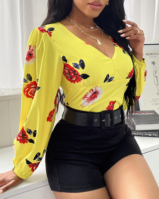 Ensemble haut à imprimé floral et short uni à manches lanterne