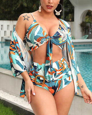 Ensemble de bikini noué à imprimé végétal et bretelles spaghetti avec cache-maillot