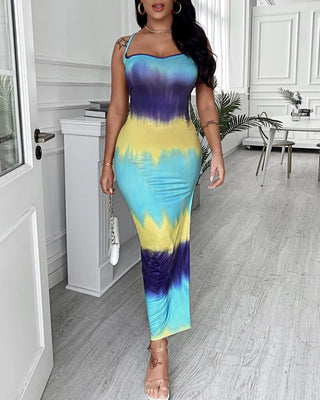 Robe longue dégradé de couleur tie dye dos nu bandage fente