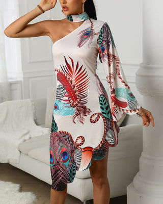 Robe irrégulière imprimée paon à une épaule