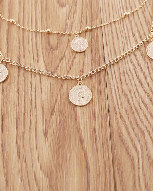 Collier chaîne double couche avec pendentif pièce de monnaie