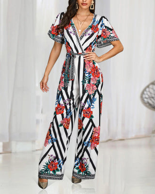 Combinaison à rayures à imprimé floral et rayures profondes V