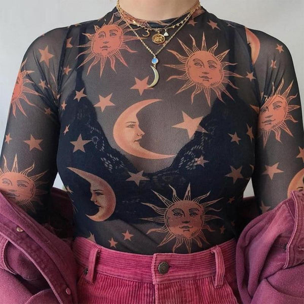 Blouse Transparente aux Motifs de Lune et Etoile