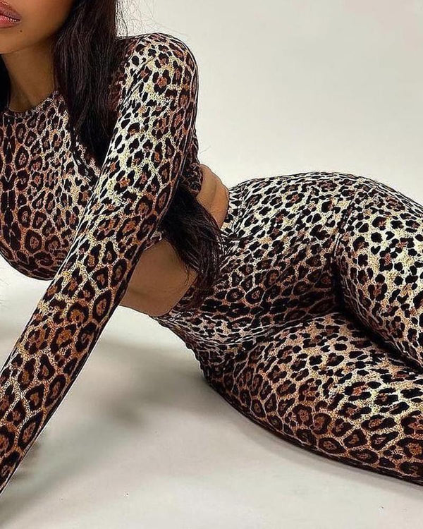 Ensemble top à manches longues imprimé léopard et pantalon skinny fendu