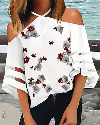 Haut en maille transparente à imprimé floral et épaules dénudées