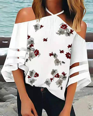 Haut en maille transparente à imprimé floral et épaules dénudées