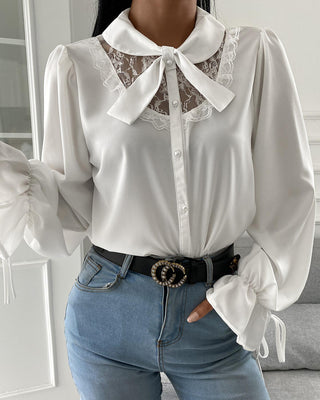 Top en mousseline de soie à manches longues et patchwork de dentelle