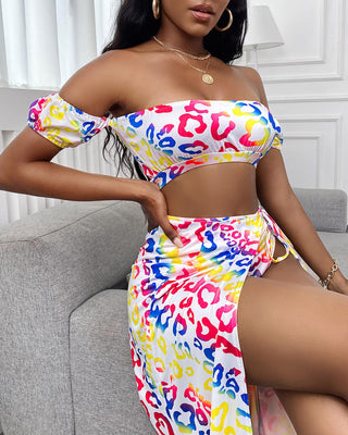 Ensemble de bikini imprimé à lèvres à épaules dénudées, 3 pièces