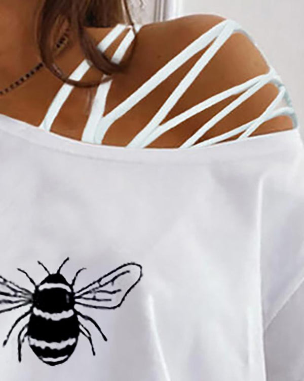 T-shirt imprimé lettre animal à bretelles une épaule
