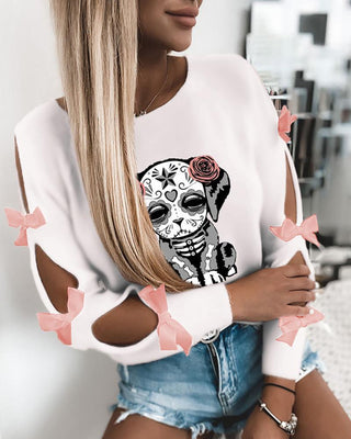 Top découpé à motif de chien avec motif squelette et nœud papillon