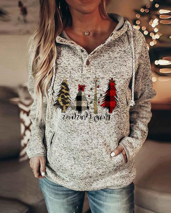 Haut à capuche décontracté imprimé lettre / arbre / papillon de Noël
