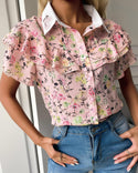 Blouse Ditsy à imprimé floral et ourlet à volants