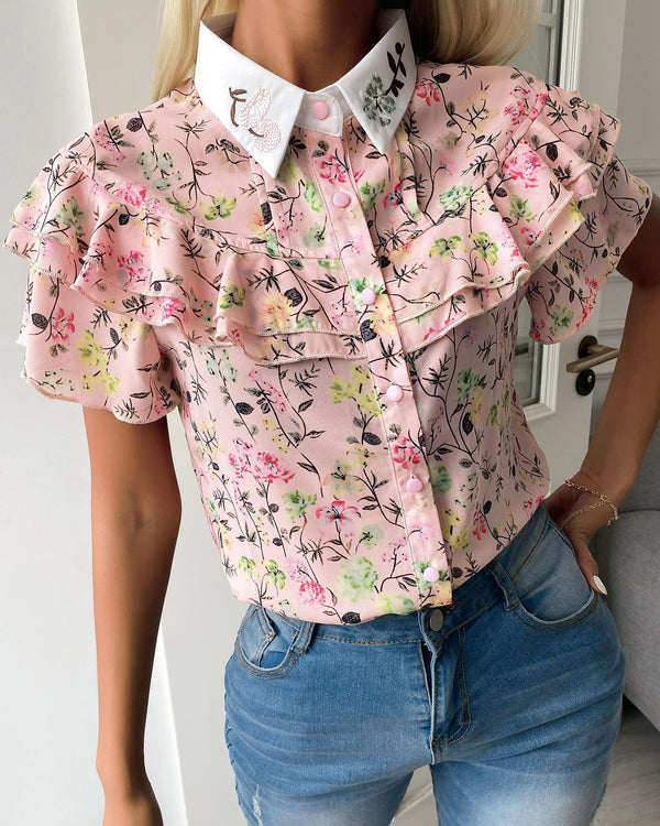 Blouse Ditsy à imprimé floral et ourlet à volants