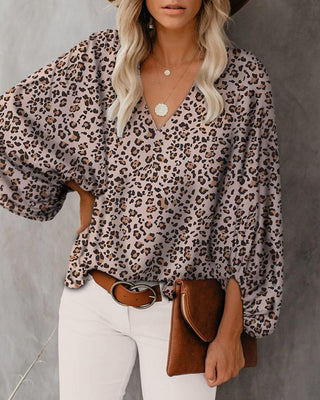 Haut à col en V à manches lanterne et imprimé guépard