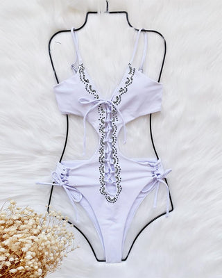 Maillot de bain camisole à découpes et lacets unis