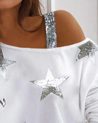 Haut à une épaule à manches longues et paillettes à motif étoiles