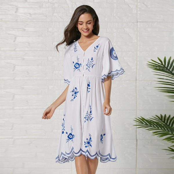 Robe Bohème Courte Blanche Et Bleu