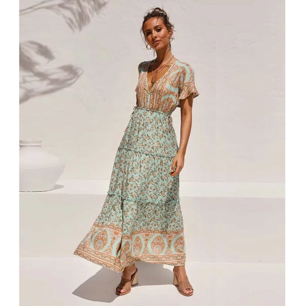 Robe Bohème Fleurie Verte