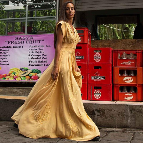 Robe Bohème Longue Jaune Fendue