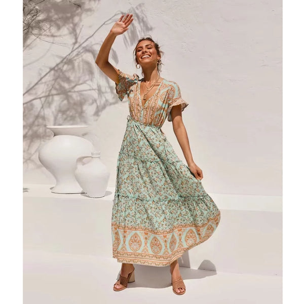 Robe Bohème Fleurie Verte