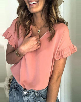 Haut uni à manches courtes et ourlet volanté