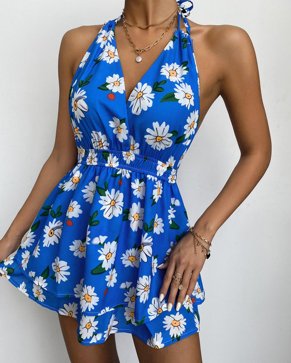 Mini-robe à imprimé floral de style bohème licou sans manches à la taille skinny