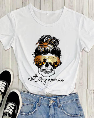 Top basique en coton à col rond et lettre tête de mort