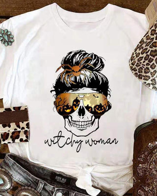 Top basique en coton à col rond et lettre tête de mort