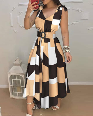 Robe longue à carreaux color block nouée