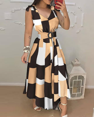 Robe longue à carreaux color block nouée