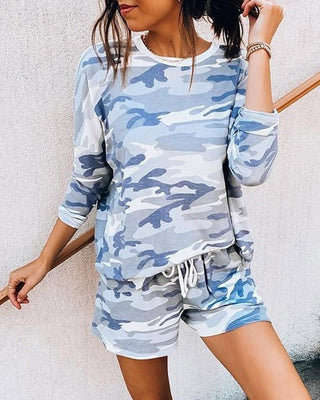 Ensemble à manches longues et short à cordon de serrage imprimé camouflage