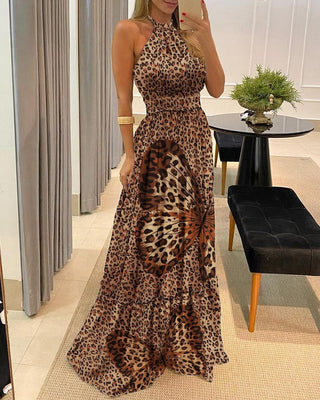 Robe longue dos nu dos nu à imprimé papillon léopard